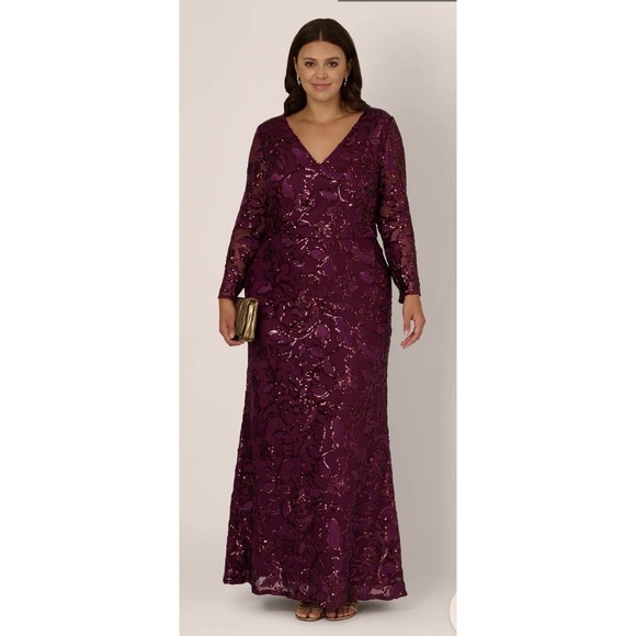 Adrianna Papell Dresses & Skirts - Adrianna Papell Plus Size Long Sleeve Stretch Sequin Mermaid Gown In Cassis